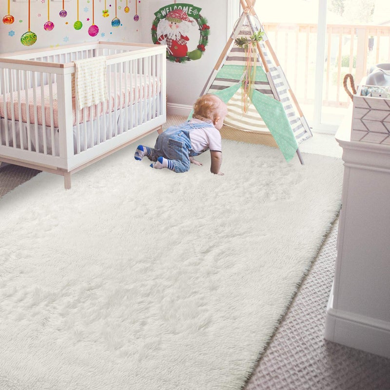 Andecor Soft Fluffy Bedroom Rugs, 5 x 8 Feet Indoor Shaggy Plush Area Rug for Boys Girls Kids Baby College Dorm Living Room Home Decor Floor Carpet, Cream White - Image 2